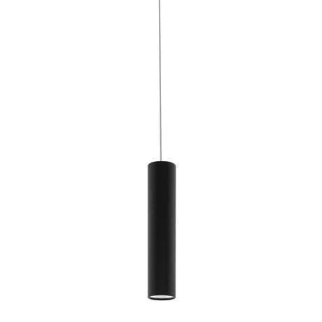 Tortoreto Pendant Light 30cm in black – a slim aluminium cylinder on a thin cable with round ceiling canopy, GU10 fitting, shown against a plain white background.