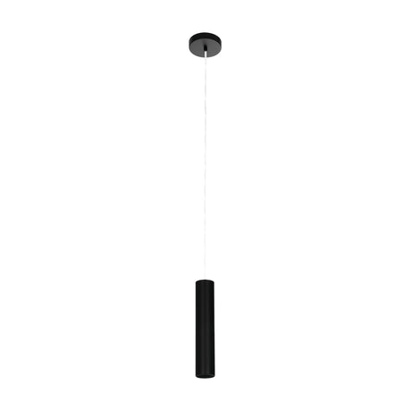 Tortoreto Pendant Light 30cm in black aluminium, a slim cylindrical fixture on a round ceiling canopy with fine cable, shown against a plain white background.