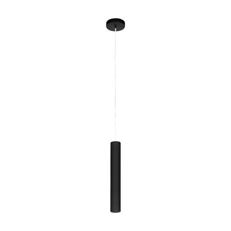 Tortoreto Pendant Light 40cm in Black: a slim black aluminium tube suspended on a thin cord from a round ceiling canopy, shown against a plain white background.