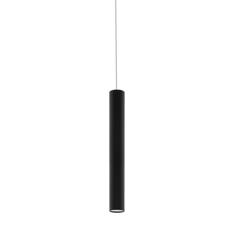 Tortoreto Pendant Light 60cm in black, a slim aluminium tube suspended from a thin cable and round ceiling canopy, GU10 fitting visible at the base, shown on a plain white background.