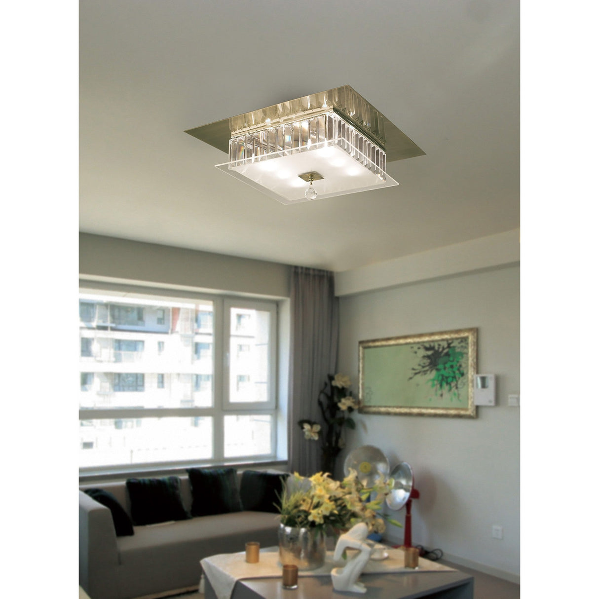 Tosca 6 Light Square Glass/Crystal Flush Ceiling Light – Antique Brass
