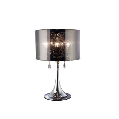 The Trace 3 Light Crystal Table Lamp features a chrome base and shade, hanging decorative crystals, and three bulbs for beautiful accent lighting.