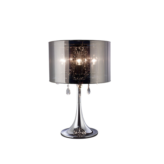 The Trace 3 Light Crystal Table Lamp features a chrome base and shade, hanging decorative crystals, and three bulbs for beautiful accent lighting.