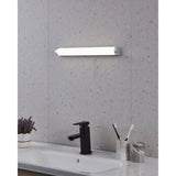 Tragacete 45cm LED bathroom wall light with cylindrical white diffuser and chrome end caps, mounted above a sink on a grey stone-effect wall.