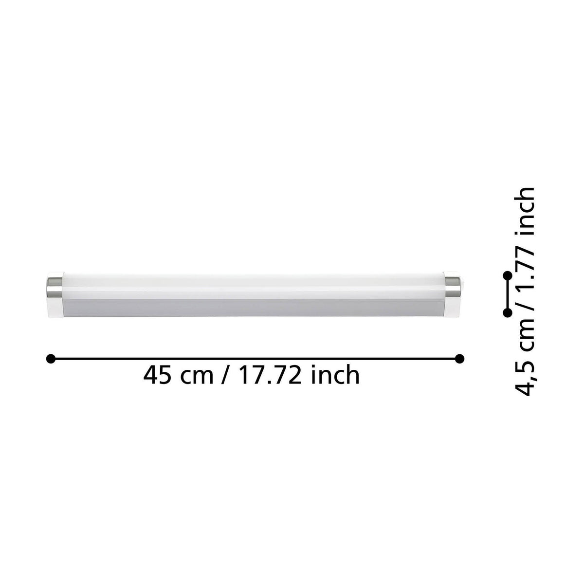 Tragacete LED bathroom wall light, slim cylindrical silver body with chrome end caps and white diffuser, shown with 45cm length and 4.5cm width dimensions on a white background.