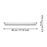 Tragacete LED bathroom wall light, slim cylindrical silver body with chrome end caps and white diffuser, shown with 45cm length and 4.5cm width dimensions on a white background.