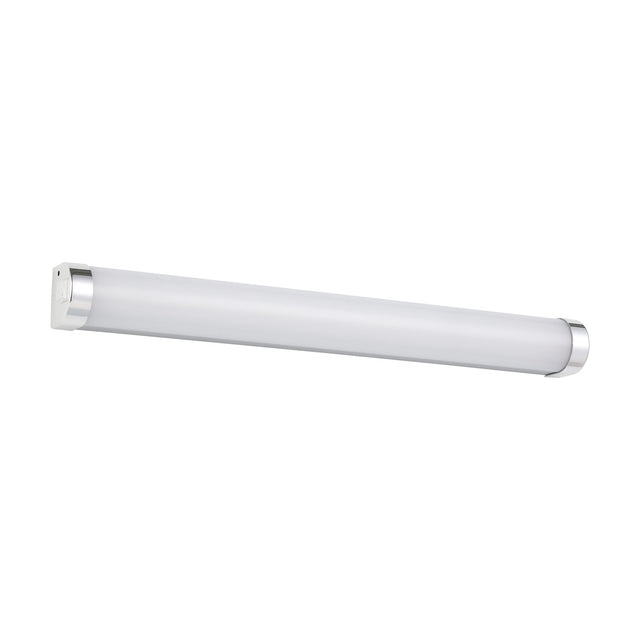 Tragacete LED bathroom wall light, a slim 45cm cylinder with white diffuser and chrome end caps on a silver body, shown on a plain white background.