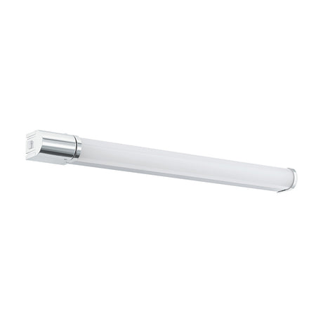 Tragacete 1 LED bathroom wall light, 68cm slim tube with white plastic diffuser, chrome end cap and rounded chrome housing, silver aluminium body, shown on a plain white background.