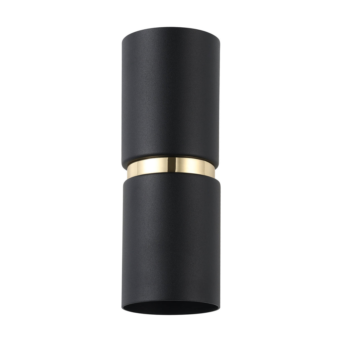 Tramena Wall Light 6cm in Black & Gold, two matt black steel cylinders joined by a polished gold band, GU10 up/down fittings, shown on a plain white background.