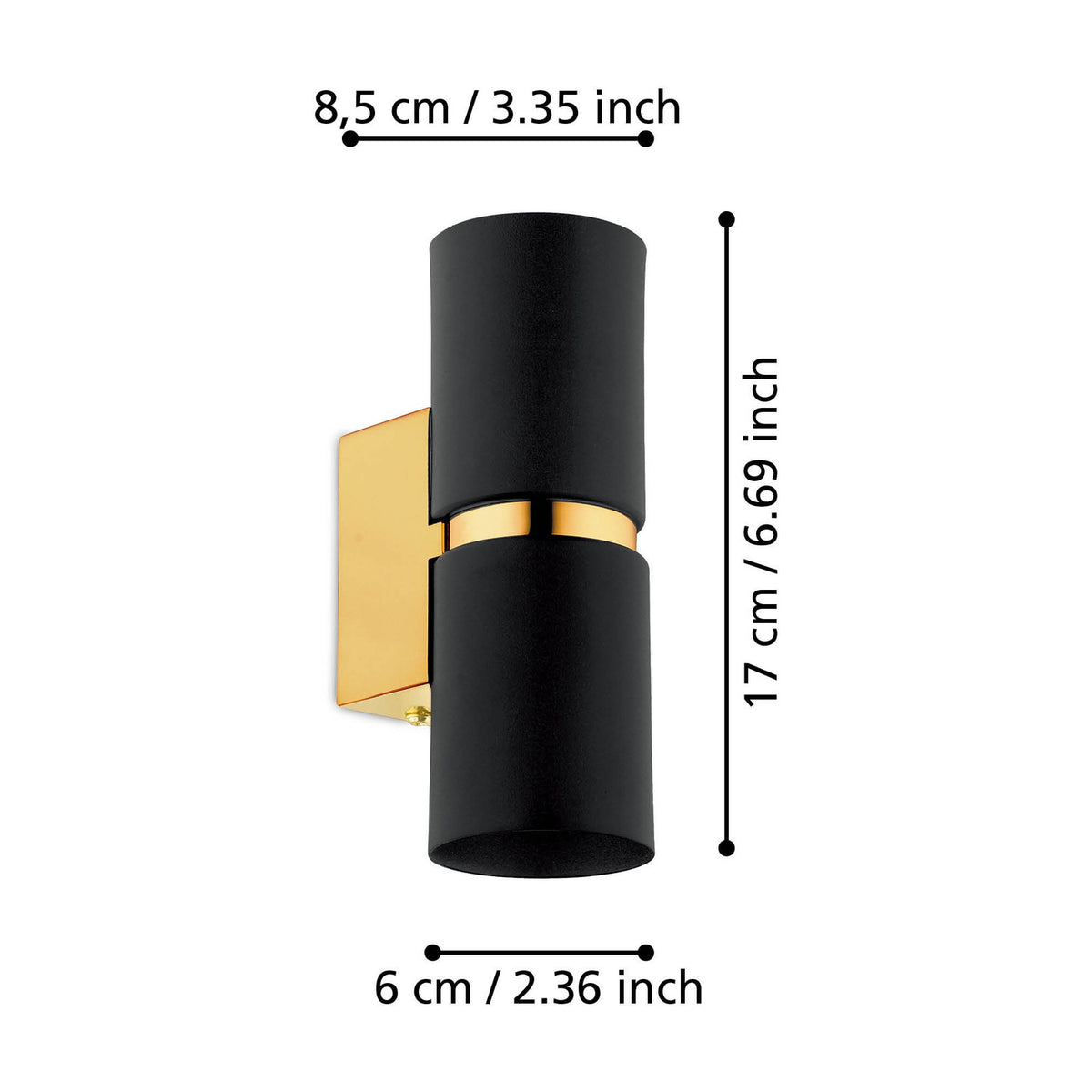 Tramena wall light with two matt black steel cylinders joined by a polished gold band on a gold backplate, shown with dimensions 8.5cm projection, 6cm width and 17cm height on a white background.
