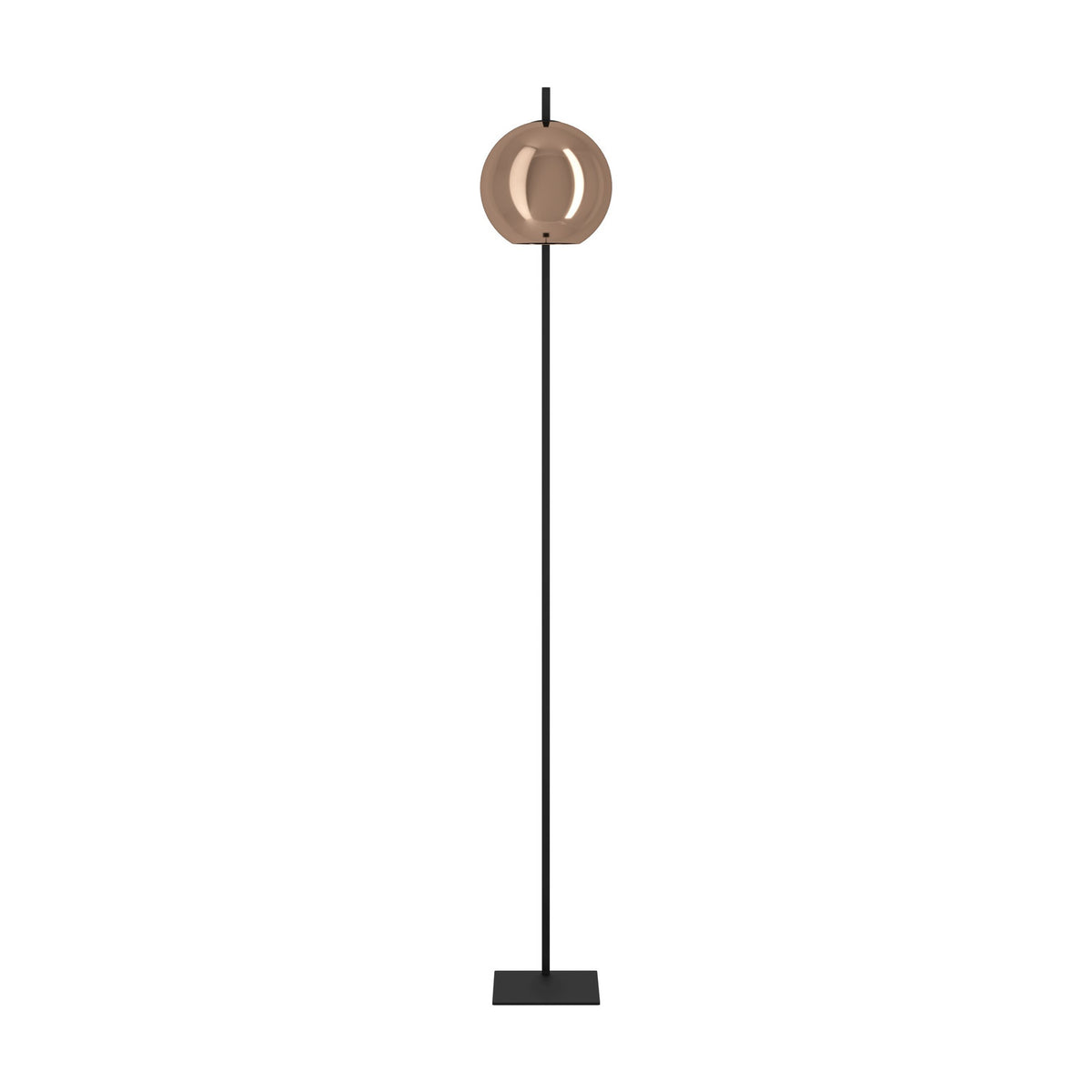Trelbette Floor Lamp in black steel with a round copper-finish glass globe shade, slim stand on a square base, shown on a plain white background.
