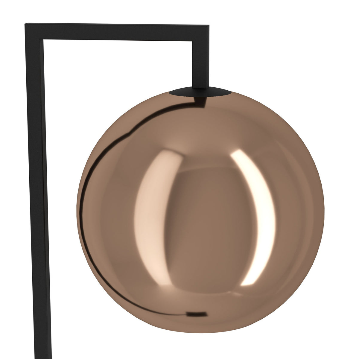 Trelbette Floor Lamp in black steel with a spherical copper mirror-finish glass globe shade hanging from a right-angled arm, shown on a plain white background.