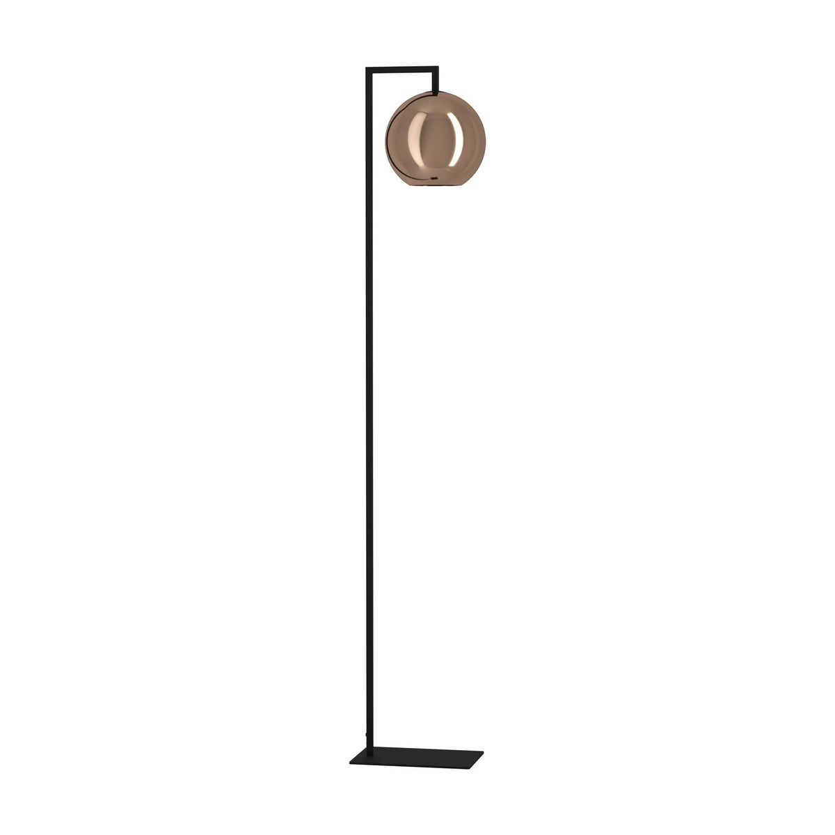 Trelbette Floor Lamp with a slim black steel stand, square base, right-angled arm, and a round copper-finish glass globe shade, on a plain white background.