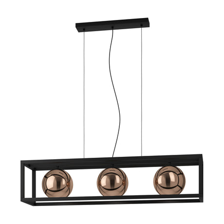 Trelbette Black 3-Light Linear Pendant, 110cm, with open rectangular steel frame holding three mirrored copper-glass globes, suspended on dual cables.