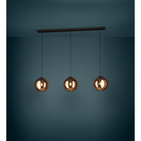 Trelbette 3-light linear pendant with black steel bar and cords suspending three copper-toned mirrored glass globe shades, lit against a dark teal background.