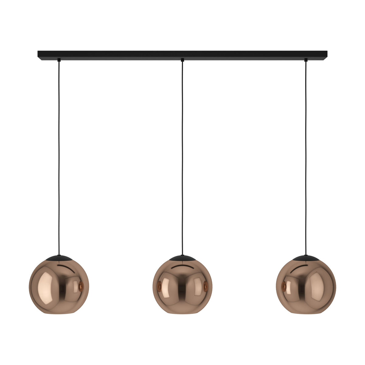 Trelbette Glass 3 Light Linear Pendant Light 125.5cm in Black, featuring three copper-toned mirrored glass globes on black cords from a black steel bar, shown on a white background.