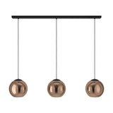 Trelbette Glass 3 Light Linear Pendant Light 125.5cm in Black, featuring three copper-toned mirrored glass globes on black cords from a black steel bar, shown on a white background.