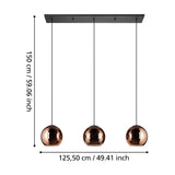 Trelbette Glass 3 Light Linear Pendant Light in black, with a long steel bar and three copper-mirrored glass globes on black cords, shown with 150cm and 125.5cm dimension labels on a white background.