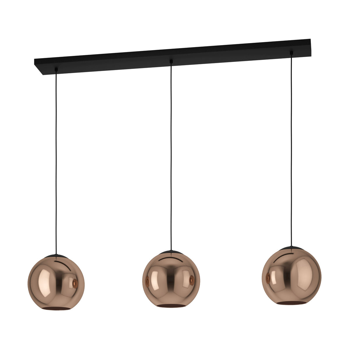 Trelbette Glass 3 Light Linear Pendant Light 125.5cm in Black, with three copper-toned mirrored glass globes hung on slim black cords from a matte black steel bar, shown on a plain white background.
