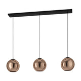 Trelbette Glass 3 Light Linear Pendant Light 125.5cm in Black, with three copper-toned mirrored glass globes hung on slim black cords from a matte black steel bar, shown on a plain white background.