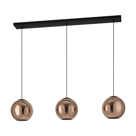 Trelbette Glass 3 Light Linear Pendant Light 125.5cm in Black, with three copper-toned mirrored glass globes hung on slim black cords from a matte black steel bar, shown on a plain white background.