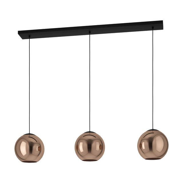 Trelbette Glass 3 Light Linear Pendant Light 125.5cm in Black, with three copper-toned mirrored glass globes hung on slim black cords from a matte black steel bar, shown on a plain white background.