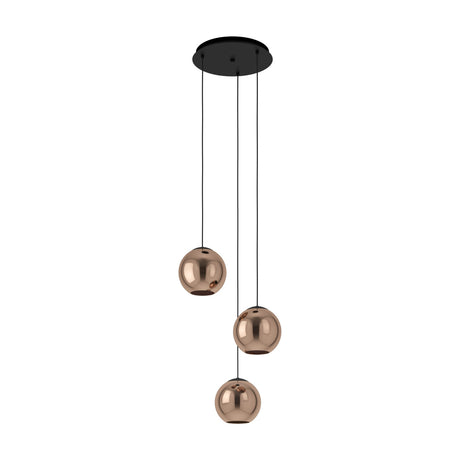 Trelbette 3-light cluster pendant with mirror-finish copper glass globes hanging at staggered heights from a round black steel ceiling plate, shown on a plain white background.