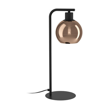 Trelbette Table Lamp in black steel with a round, mirror-like copper glass shade on a curved arm and flat round base, shown on a plain white background.