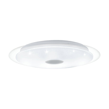 Trelmanne LED flush ceiling light, round white diffuser with crystal-effect sparkle, clear outer rim and chrome centre disc, shown on a plain white background.