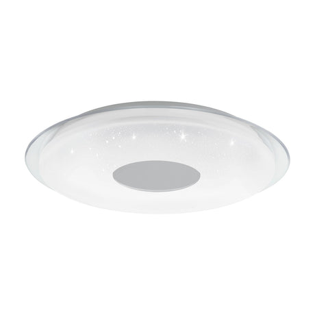 Trelmanne 56cm round LED flush ceiling light with white crystal-effect diffuser, clear outer ring and chrome centre disc, shown on a plain white background.