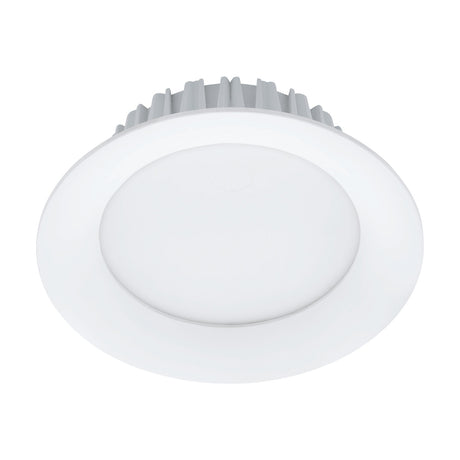 Treviglio round LED downlight, 14.2cm, white trim with opal diffuser and visible aluminium heat sink fins, integrated cool white LED, shown on a plain background.