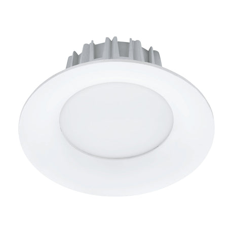 Treviglio LED Downlight 9.8cm in white, showing a round trim with frosted plastic diffuser and aluminium finned heatsink, set on a plain white background.