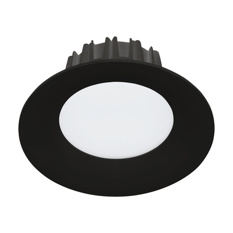 Treviglio LED Downlight in black, round recessed fixture with a white opal diffuser and black bezel, cast aluminium body with finned heat sink visible, shown on a plain white background.