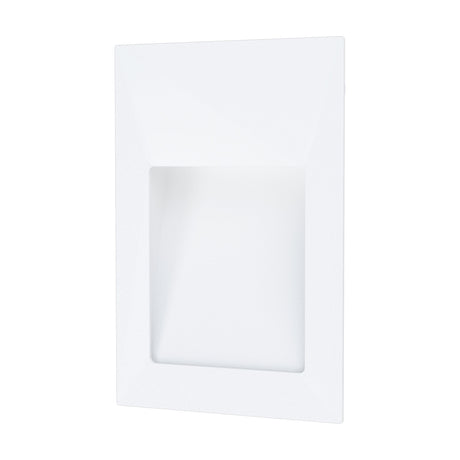 Trewellard LED Downlight, a rectangular white aluminium and steel wall light with a recessed hooded opening, shown at an angle on a plain white background.