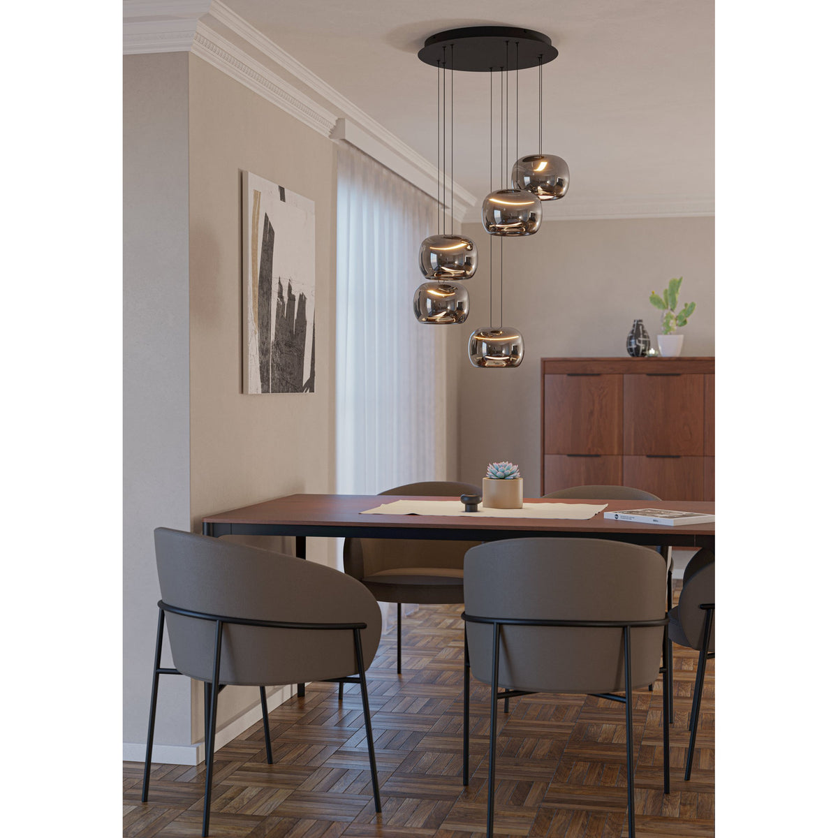 Hortunas five-light cluster pendant with round black steel canopy and staggered smoked glass shades on varied cables, shown above a dining table.