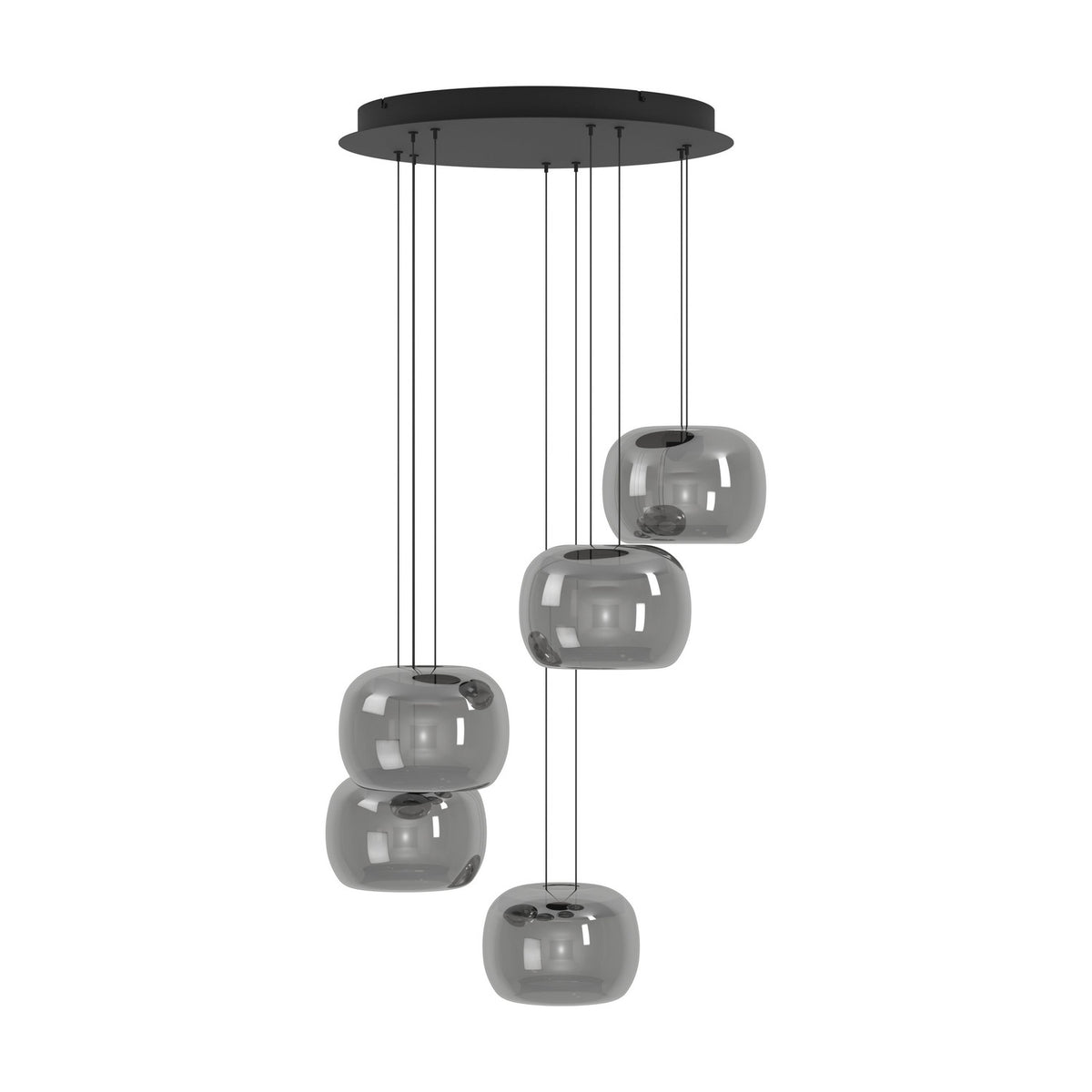 Hortunas 5-light cluster pendant with round black steel ceiling canopy and smoked glass shades at staggered heights on black cables, shown on a plain white background.