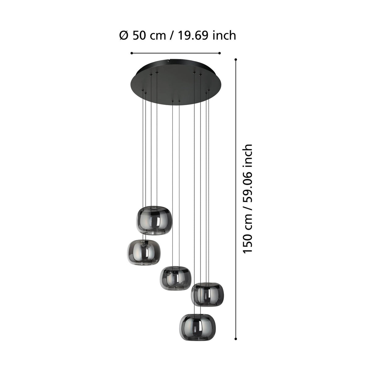 Hortunas 5-light cluster pendant with black steel canopy and staggered smoked glass shades, 50cm diameter, 150cm drop, shown on white background with dimension labels.
