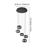 Hortunas 5-light cluster pendant with black steel canopy and staggered smoked glass shades, 50cm diameter, 150cm drop, shown on white background with dimension labels.