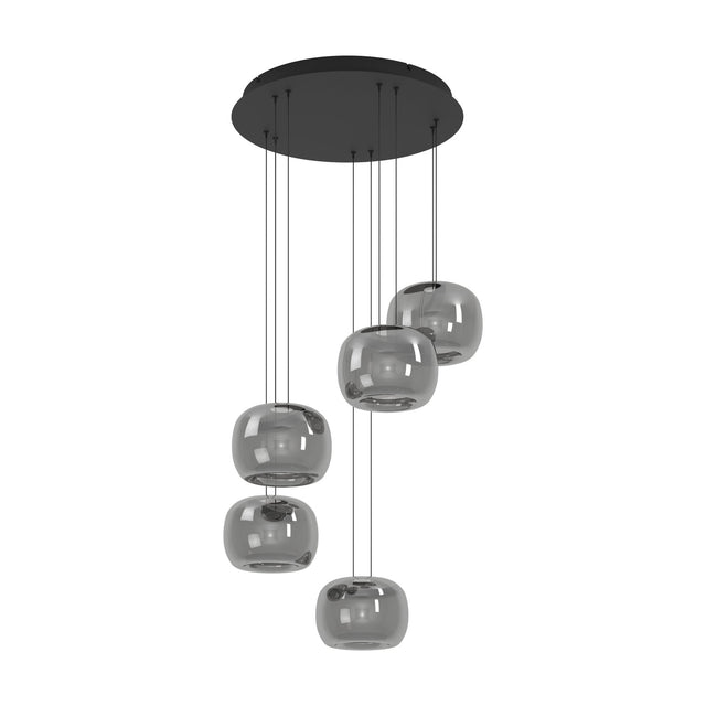 Hortunas 5-light cluster pendant with round black steel ceiling canopy and smoked glass shades at staggered cable lengths, shown on a plain white background.