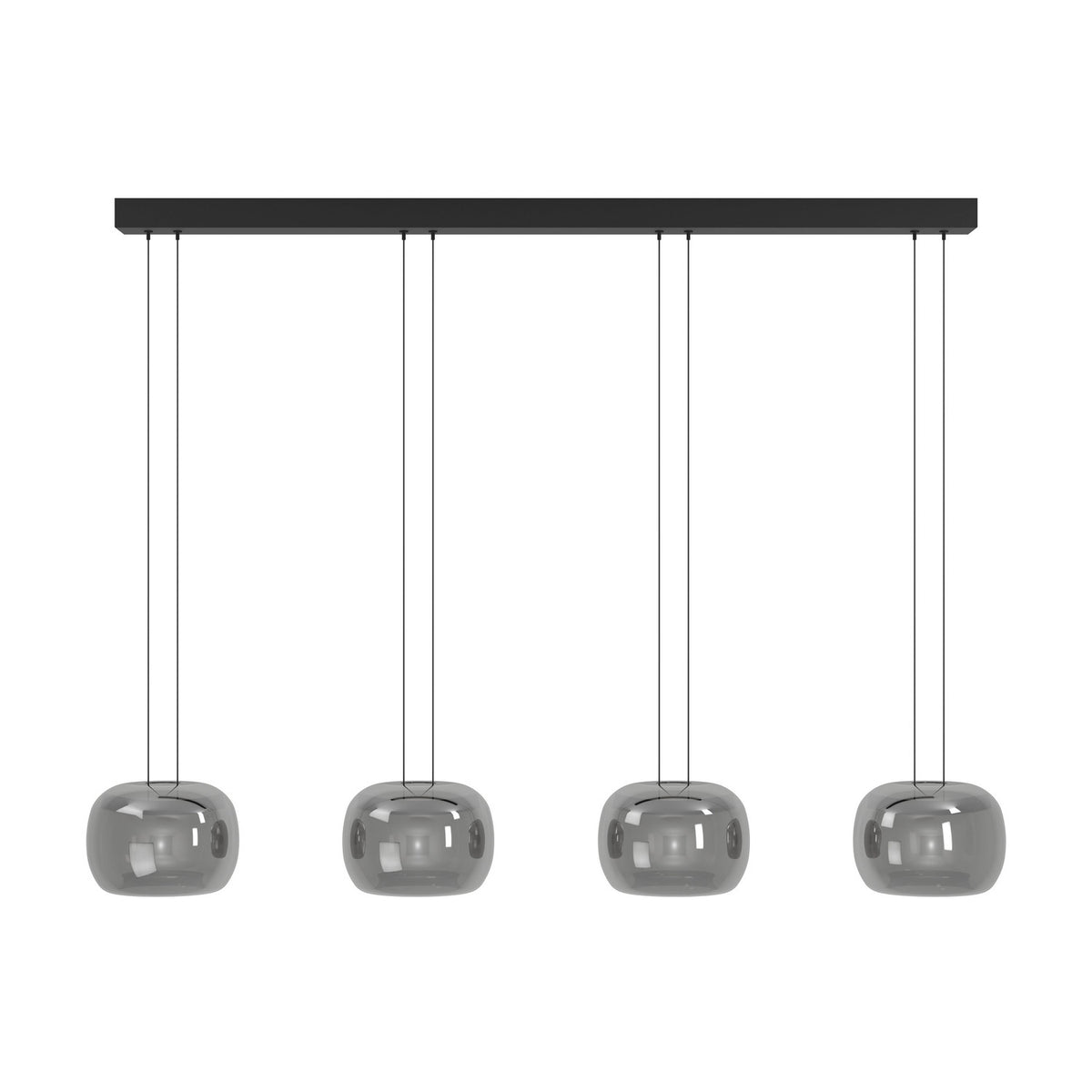 Hortunas linear pendant light with a black steel ceiling bar and four rounded smoked glass shades suspended on fine cords, shown on a plain white background.