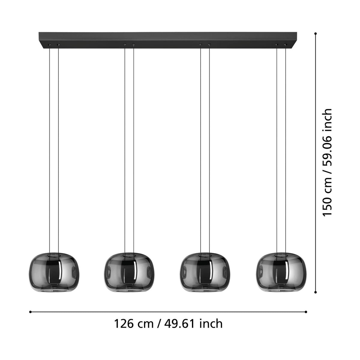 Hortunas linear pendant light with four smoked glass globe shades on fine cords, suspended from a black steel ceiling bar, shown with dimension markers on a white background.