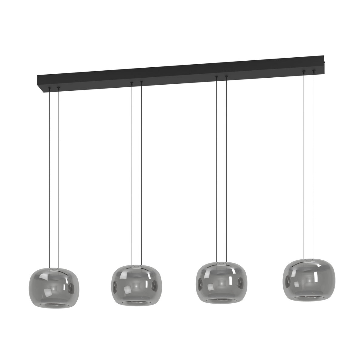 Hortunas linear pendant light with a black steel ceiling bar and four rounded smoked glass shades suspended on fine cords, shown on a plain white background.