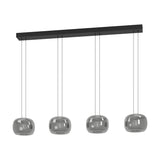 Hortunas linear pendant light with a black steel ceiling bar and four rounded smoked glass shades suspended on fine cords, shown on a plain white background.