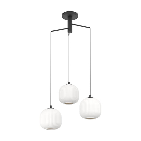 Trolmane Glass 3 Light Pendant in Black, featuring three ribbed white glass globe shades hung at staggered heights from a black steel ceiling canopy and arms, shown on a plain white background.