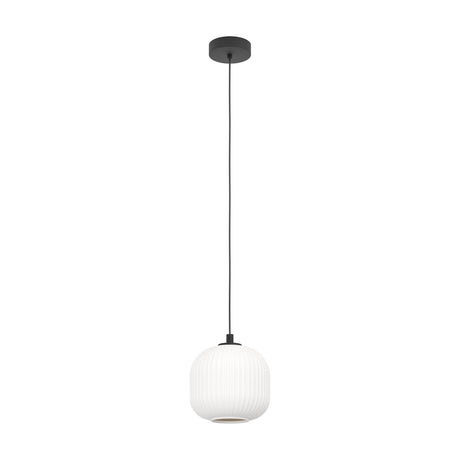 Trolmane Glass Pendant Light in black, with a round white ribbed glass shade on a slim black cord and ceiling canopy, shown on a plain white background.