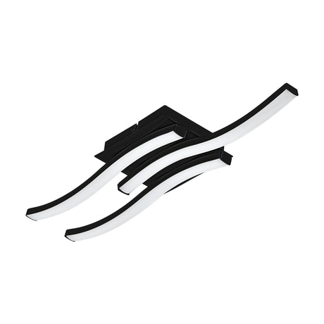 Trosmessa LED 3 Light Flush Ceiling Light in black, featuring three wavy bars with white diffusers mounted on a square ceiling plate, shown on a plain white background.