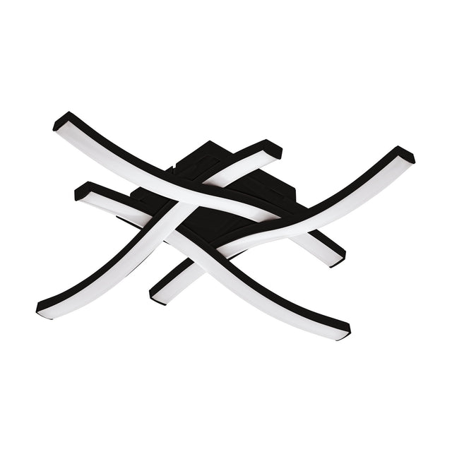 Trosmessa LED 4 Light Flush Ceiling Light in black, four curved steel arms with white plastic shades crossing over a black ceiling plate, shown on a plain white background.
