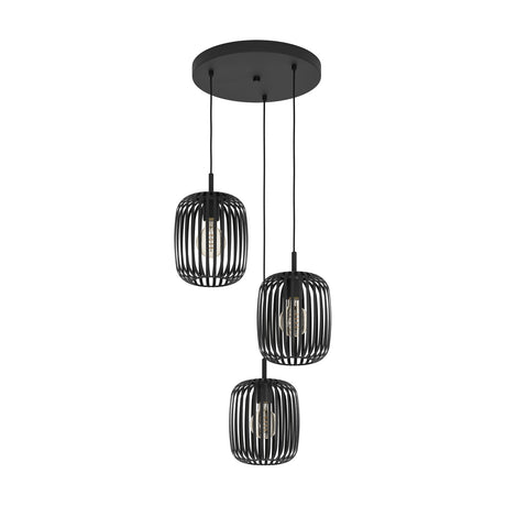 Trosvelle 3 Light Pendant in black steel, featuring three slatted cage barrel shades at staggered heights from a round ceiling canopy, shown on a plain white background.