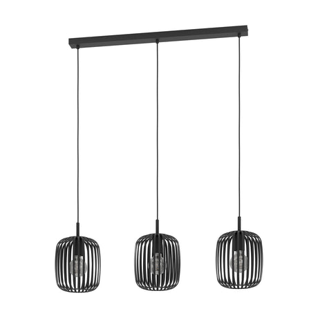 Trosvelle Linear Pendant Light in black steel, featuring three slatted cage drum shades suspended by cords from a straight ceiling bar, shown on a white background.