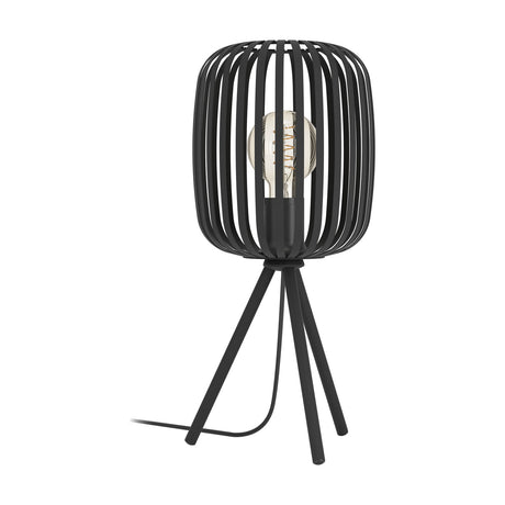 Trosvelle Table Lamp in black steel with a rounded vertical-slat cage shade, E27 bulb visible, set on a three-legged tripod base against a plain white background.